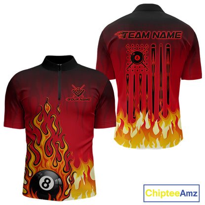 American Flag Patriotic Billiard Shirt For Men Custom Fire Flame 8 Ball Pool Team Jerseys | Red NYN4048