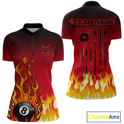 American Flag Patriotic Billiard Shirt For Women Custom Fire Flame 8 Ball Pool Team Jerseys | Red NYN4048