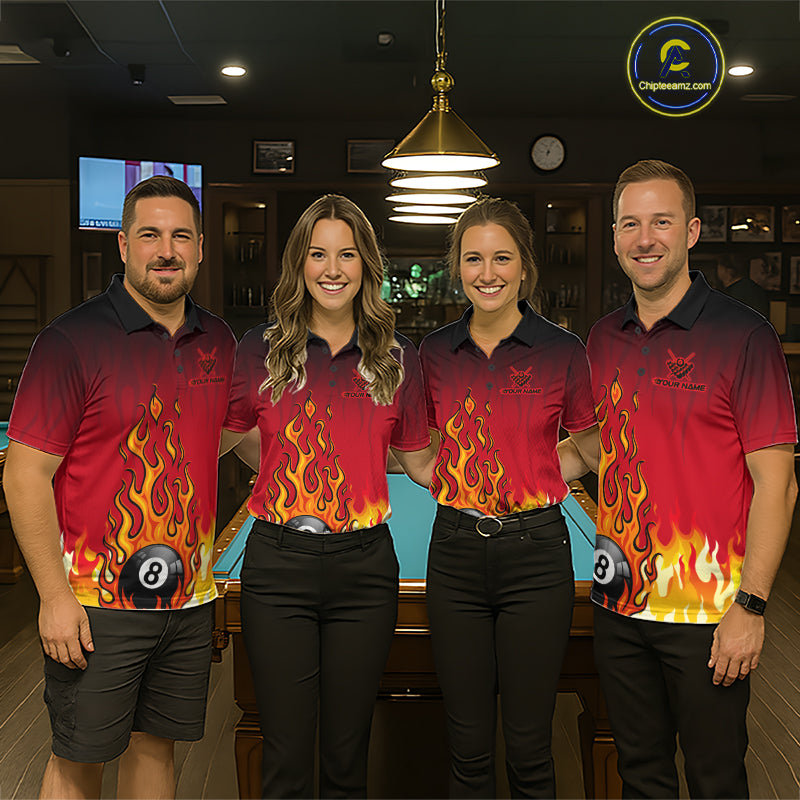 American Flag Patriotic Billiard Shirt For Women Custom Fire Flame 8 Ball Pool Team Jerseys | Red NYN4048