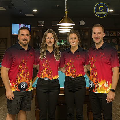 American Flag Patriotic Billiard Shirt For Women Custom Fire Flame 8 Ball Pool Team Jerseys | Red NYN4048