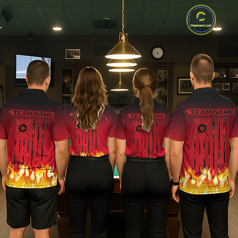American Flag Patriotic Billiard Shirt For Women Custom Fire Flame 8 Ball Pool Team Jerseys | Red NYN4048