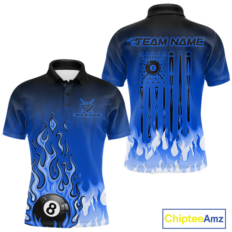American Flag Patriotic Billiard Shirt For Men Custom Fire Flame 8 Ball Pool Team Jerseys | Blue NYN4049