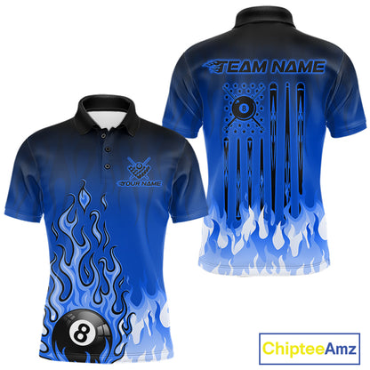 American Flag Patriotic Billiard Shirt For Men Custom Fire Flame 8 Ball Pool Team Jerseys | Blue NYN4049