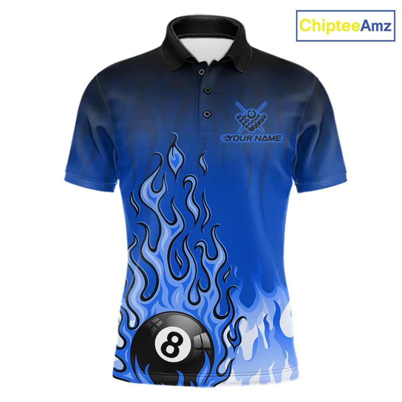 American Flag Patriotic Billiard Shirt For Men Custom Fire Flame 8 Ball Pool Team Jerseys | Blue NYN4049