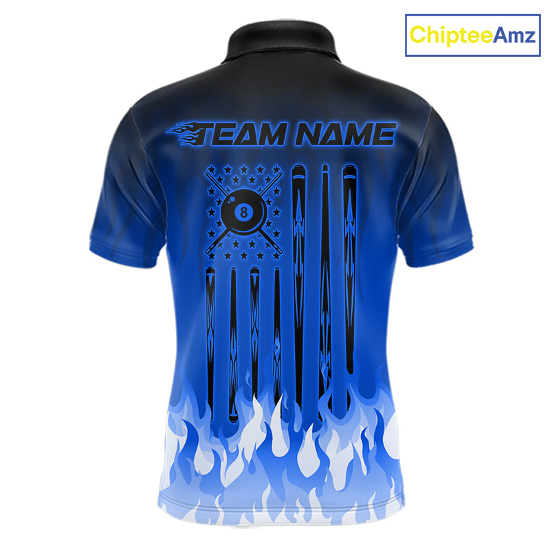 American Flag Patriotic Billiard Shirt For Men Custom Fire Flame 8 Ball Pool Team Jerseys | Blue NYN4049
