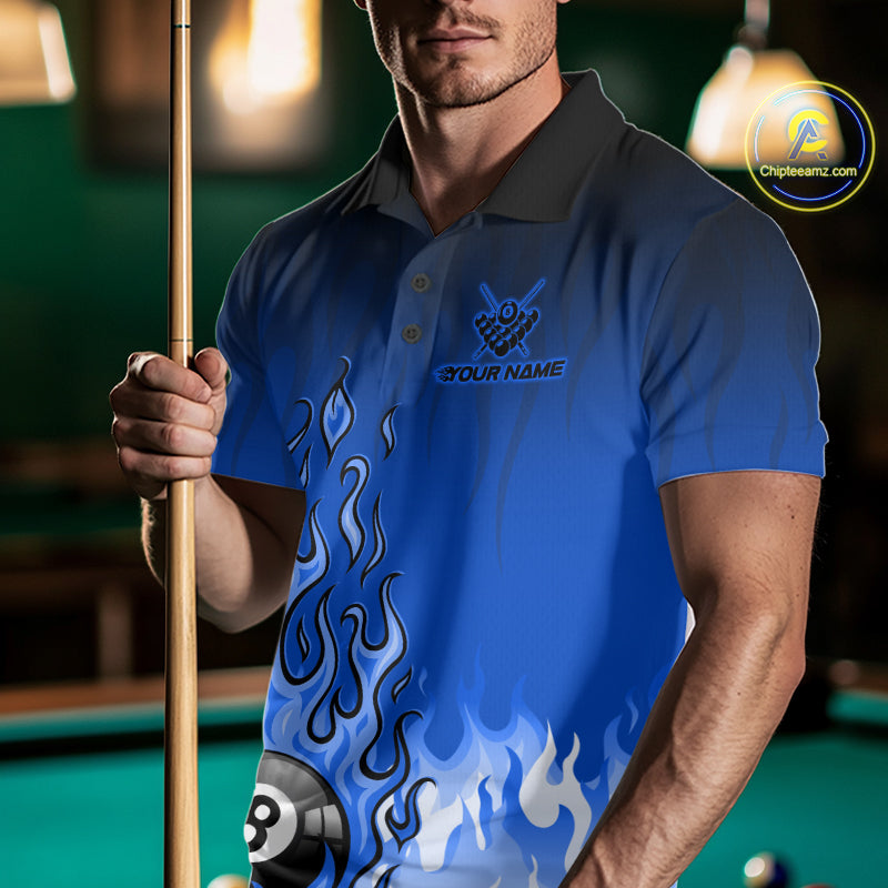 American Flag Patriotic Billiard Shirt For Men Custom Fire Flame 8 Ball Pool Team Jerseys | Blue NYN4049