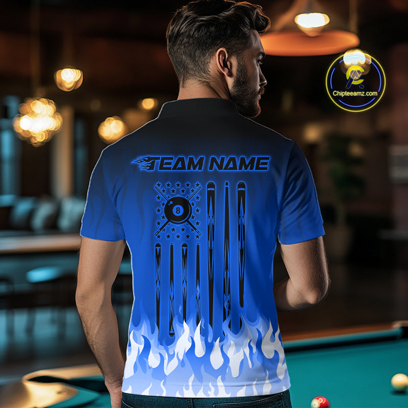 American Flag Patriotic Billiard Shirt For Men Custom Fire Flame 8 Ball Pool Team Jerseys | Blue NYN4049