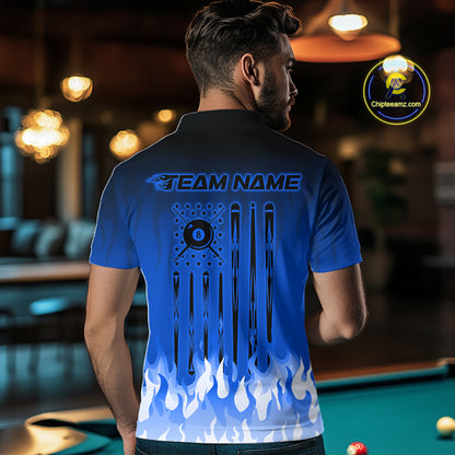 American Flag Patriotic Billiard Shirt For Men Custom Fire Flame 8 Ball Pool Team Jerseys | Blue NYN4049