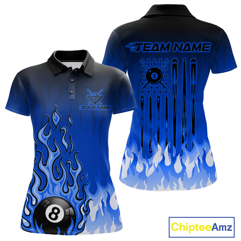 American Flag Patriotic Billiard Shirt For Women Custom Fire Flame 8 Ball Pool Team Jerseys | Blue NYN4049