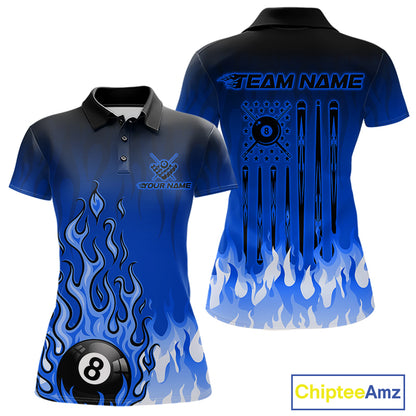 American Flag Patriotic Billiard Shirt For Women Custom Fire Flame 8 Ball Pool Team Jerseys | Blue NYN4049