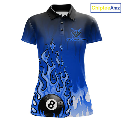 American Flag Patriotic Billiard Shirt For Women Custom Fire Flame 8 Ball Pool Team Jerseys | Blue NYN4049