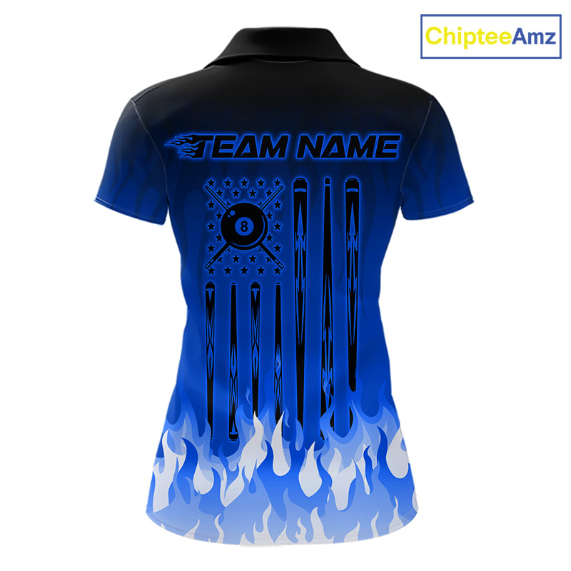 American Flag Patriotic Billiard Shirt For Women Custom Fire Flame 8 Ball Pool Team Jerseys | Blue NYN4049