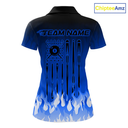 American Flag Patriotic Billiard Shirt For Women Custom Fire Flame 8 Ball Pool Team Jerseys | Blue NYN4049