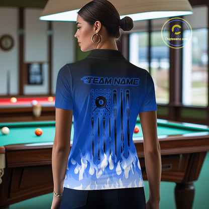 American Flag Patriotic Billiard Shirt For Women Custom Fire Flame 8 Ball Pool Team Jerseys | Blue NYN4049