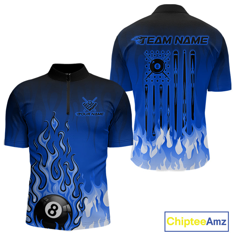 American Flag Patriotic Billiard Shirt For Men Custom Fire Flame 8 Ball Pool Team Jerseys | Blue NYN4049