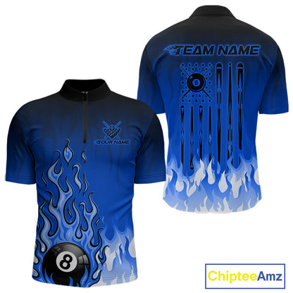 American Flag Patriotic Billiard Shirt For Men Custom Fire Flame 8 Ball Pool Team Jerseys | Blue NYN4049