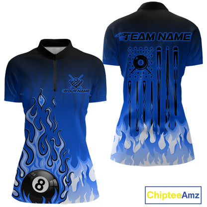 American Flag Patriotic Billiard Shirt For Women Custom Fire Flame 8 Ball Pool Team Jerseys | Blue NYN4049