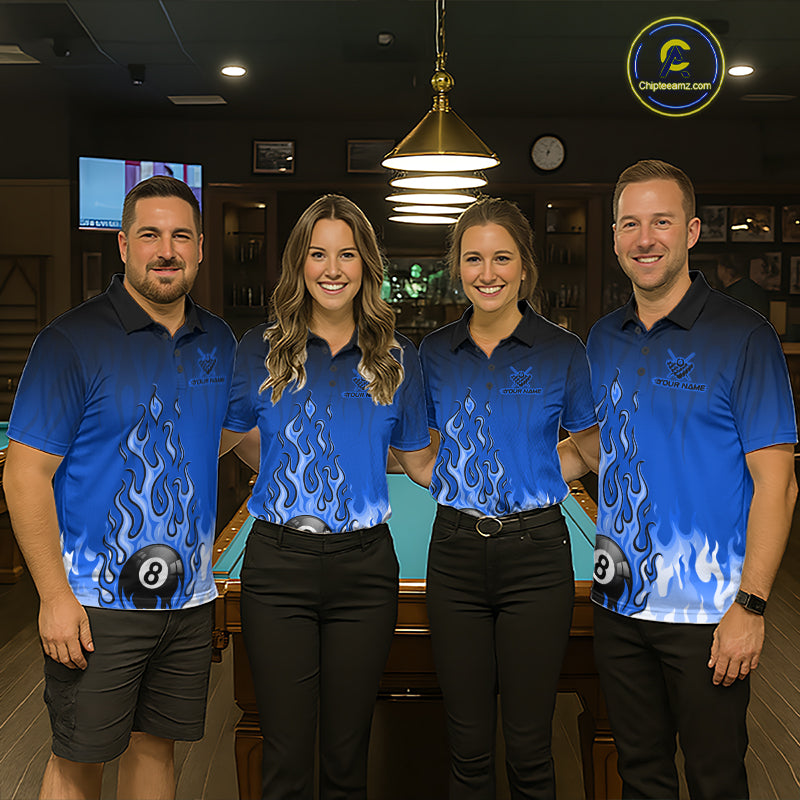 American Flag Patriotic Billiard Shirt For Men Custom Fire Flame 8 Ball Pool Team Jerseys | Blue NYN4049