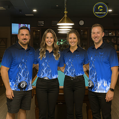 American Flag Patriotic Billiard Shirt For Men Custom Fire Flame 8 Ball Pool Team Jerseys | Blue NYN4049