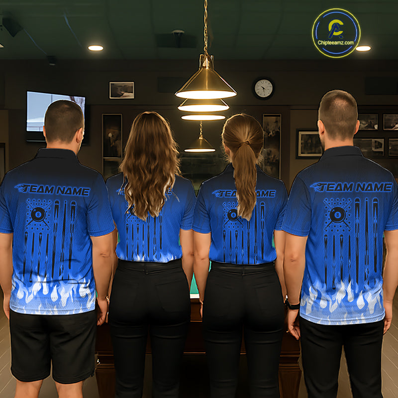 American Flag Patriotic Billiard Shirt For Men Custom Fire Flame 8 Ball Pool Team Jerseys | Blue NYN4049
