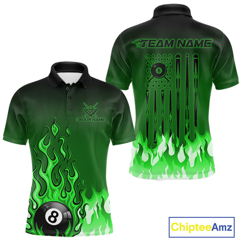 American Flag Patriotic Billiard Shirt For Men Custom Fire Flame 8 Ball Pool Team Jerseys | Green NYN4050