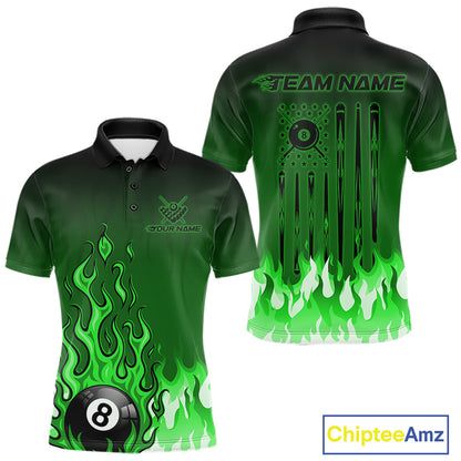American Flag Patriotic Billiard Shirt For Men Custom Fire Flame 8 Ball Pool Team Jerseys | Green NYN4050
