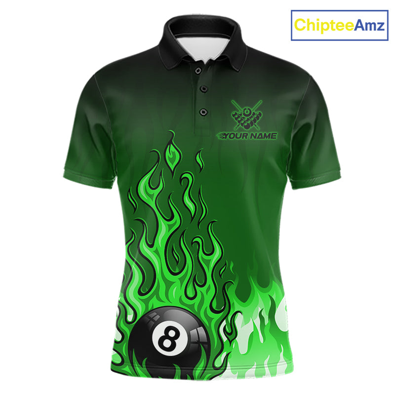 American Flag Patriotic Billiard Shirt For Men Custom Fire Flame 8 Ball Pool Team Jerseys | Green NYN4050