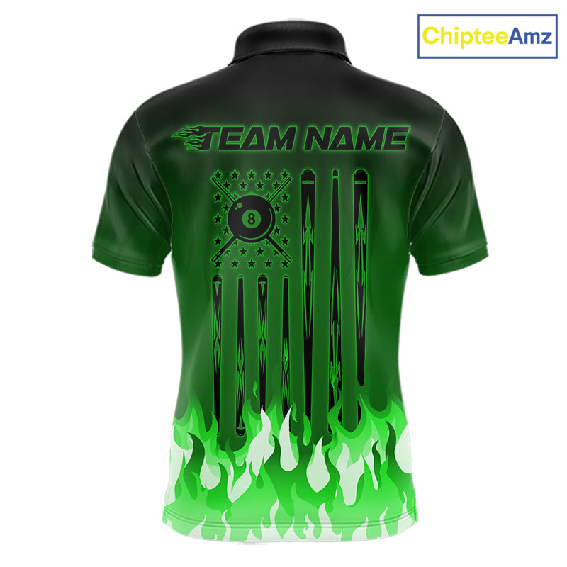 American Flag Patriotic Billiard Shirt For Men Custom Fire Flame 8 Ball Pool Team Jerseys | Green NYN4050