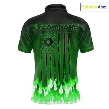 American Flag Patriotic Billiard Shirt For Men Custom Fire Flame 8 Ball Pool Team Jerseys | Green NYN4050