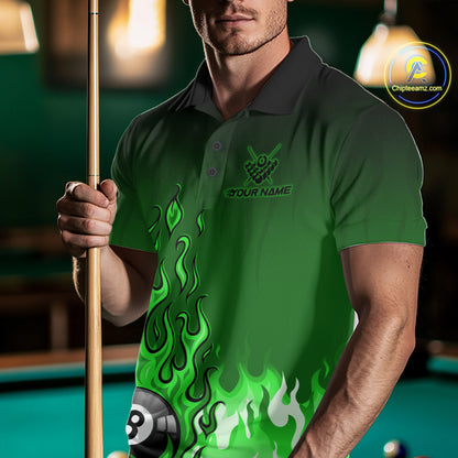 American Flag Patriotic Billiard Shirt For Men Custom Fire Flame 8 Ball Pool Team Jerseys | Green NYN4050