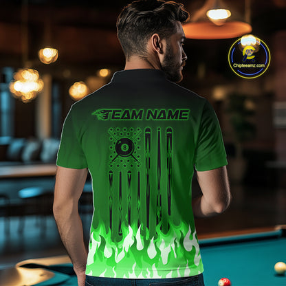 American Flag Patriotic Billiard Shirt For Men Custom Fire Flame 8 Ball Pool Team Jerseys | Green NYN4050