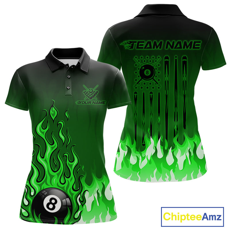 American Flag Patriotic Billiard Shirt For Women Custom Fire Flame 8 Ball Pool Team Jerseys | Green NYN4050