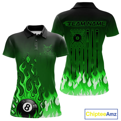 American Flag Patriotic Billiard Shirt For Women Custom Fire Flame 8 Ball Pool Team Jerseys | Green NYN4050