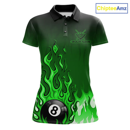 American Flag Patriotic Billiard Shirt For Women Custom Fire Flame 8 Ball Pool Team Jerseys | Green NYN4050