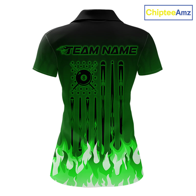 American Flag Patriotic Billiard Shirt For Women Custom Fire Flame 8 Ball Pool Team Jerseys | Green NYN4050