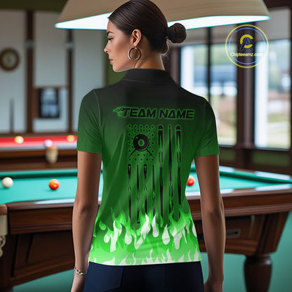 American Flag Patriotic Billiard Shirt For Women Custom Fire Flame 8 Ball Pool Team Jerseys | Green NYN4050