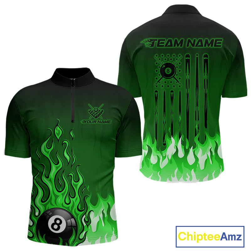 American Flag Patriotic Billiard Shirt For Men Custom Fire Flame 8 Ball Pool Team Jerseys | Green NYN4050