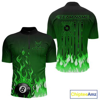 American Flag Patriotic Billiard Shirt For Men Custom Fire Flame 8 Ball Pool Team Jerseys | Green NYN4050