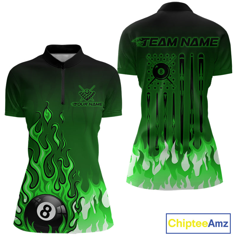 American Flag Patriotic Billiard Shirt For Women Custom Fire Flame 8 Ball Pool Team Jerseys | Green NYN4050