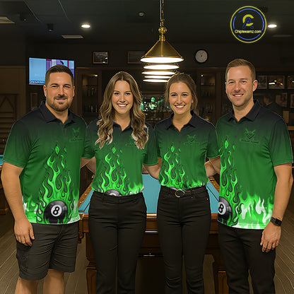 American Flag Patriotic Billiard Shirt For Men Custom Fire Flame 8 Ball Pool Team Jerseys | Green NYN4050