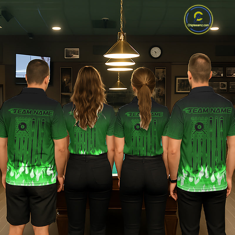 American Flag Patriotic Billiard Shirt For Men Custom Fire Flame 8 Ball Pool Team Jerseys | Green NYN4050