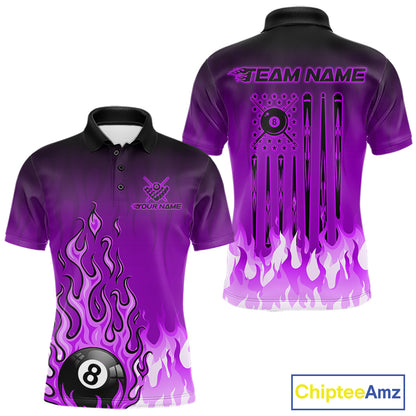 American Flag Patriotic Billiard Shirt For Men Custom Fire Flame 8 Ball Pool Team Jerseys | Purple NYN4051