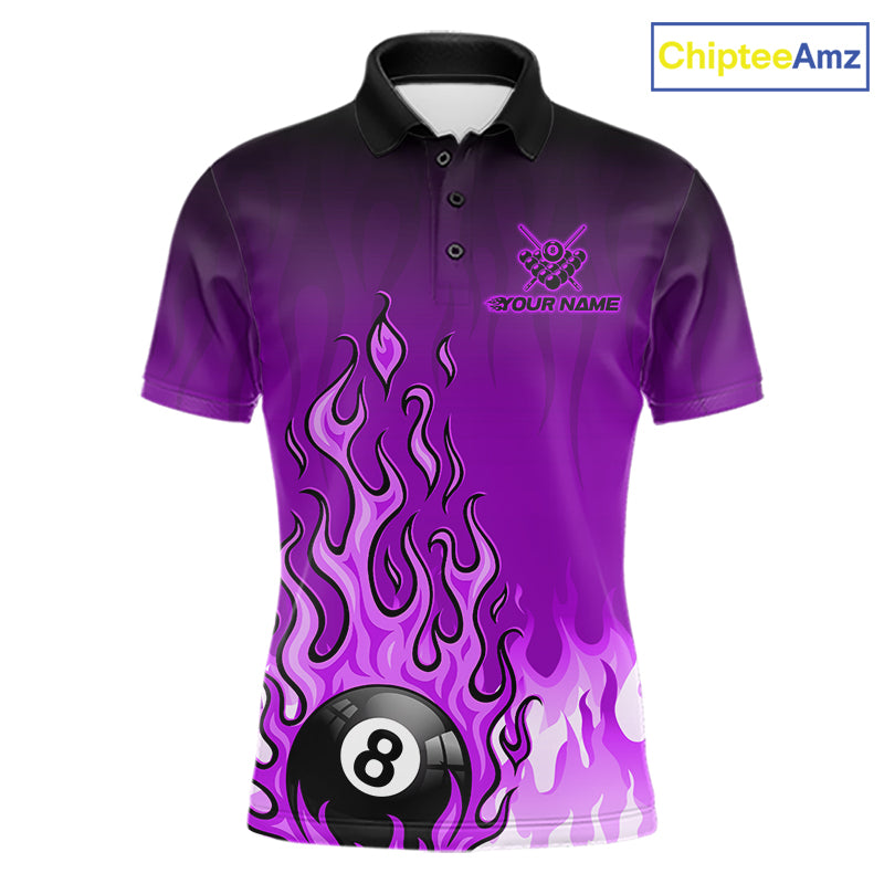 American Flag Patriotic Billiard Shirt For Men Custom Fire Flame 8 Ball Pool Team Jerseys | Purple NYN4051