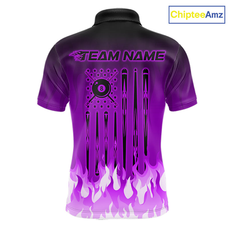 American Flag Patriotic Billiard Shirt For Men Custom Fire Flame 8 Ball Pool Team Jerseys | Purple NYN4051