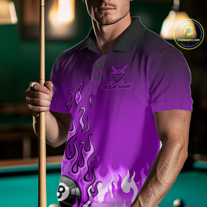 American Flag Patriotic Billiard Shirt For Men Custom Fire Flame 8 Ball Pool Team Jerseys | Purple NYN4051