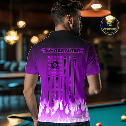 American Flag Patriotic Billiard Shirt For Men Custom Fire Flame 8 Ball Pool Team Jerseys | Purple NYN4051