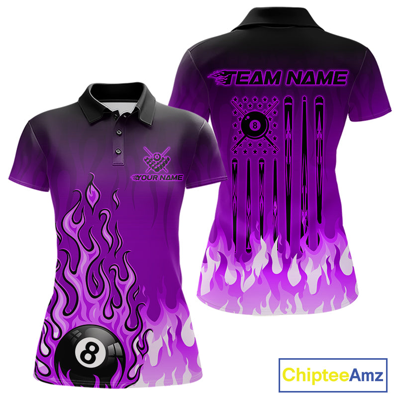 American Flag Patriotic Billiard Shirt For Women Custom Fire Flame 8 Ball Pool Team Jerseys | Purple NYN4051