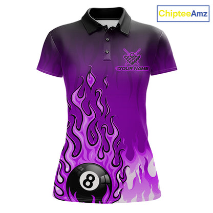 American Flag Patriotic Billiard Shirt For Women Custom Fire Flame 8 Ball Pool Team Jerseys | Purple NYN4051