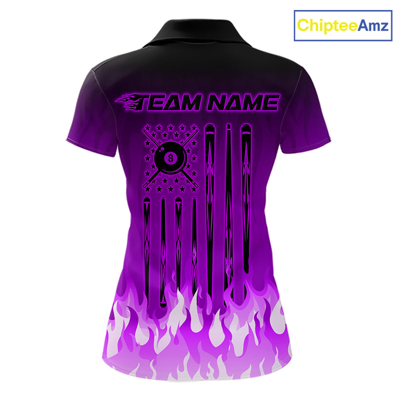 American Flag Patriotic Billiard Shirt For Women Custom Fire Flame 8 Ball Pool Team Jerseys | Purple NYN4051