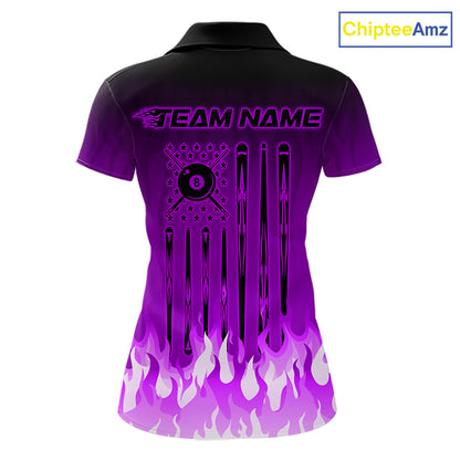 American Flag Patriotic Billiard Shirt For Women Custom Fire Flame 8 Ball Pool Team Jerseys | Purple NYN4051